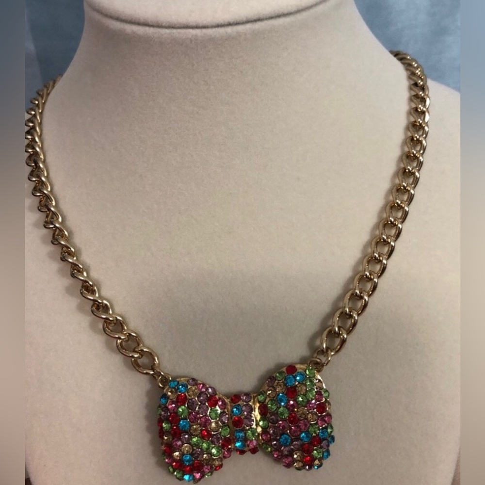 Gold-Tone Multicolor Crystal Bow Necklace - Women Jewelry